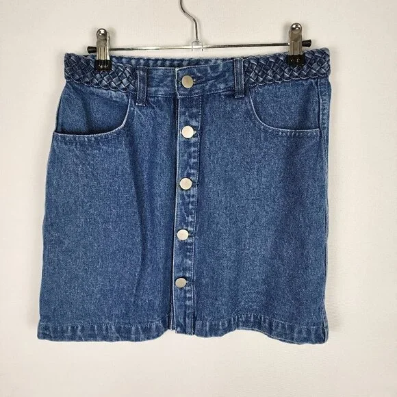 Honey Punch Button Up Braided Waistband Denim Skirt M - Picture 1 of 8